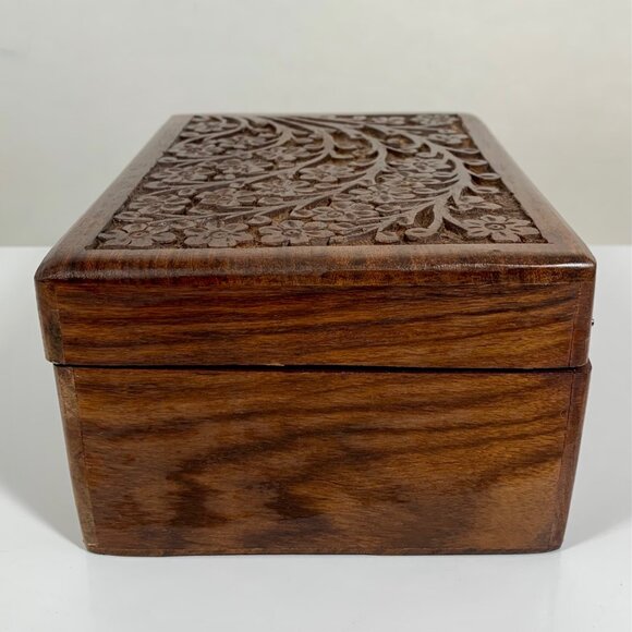 Intricate Floral Cherry Blossom Hand Carved Wooden Keepsake Storage Box Urn VTG - Picture 3 of 11